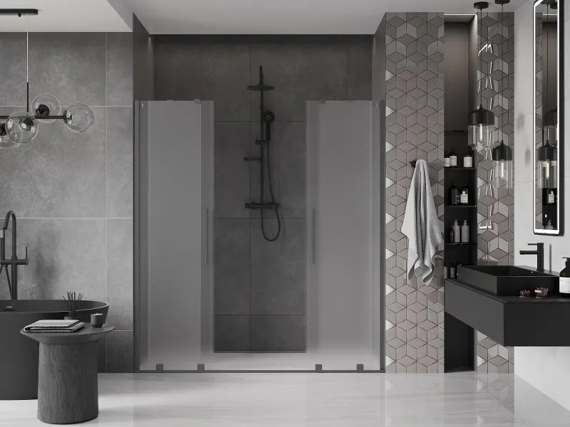 Mexen Velar Duo, posuvné sprchové dvere do otvoru 180 cm, 8mm sklo námraza, brúsený grafit, 871-180-000-32-95