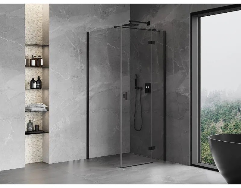 Mexen Mist H T, sprchový kút s výklopnými dverami pravý 95 x 95 cm, číre sklo, čierny profil, 8A5T-095-095-70-00-P