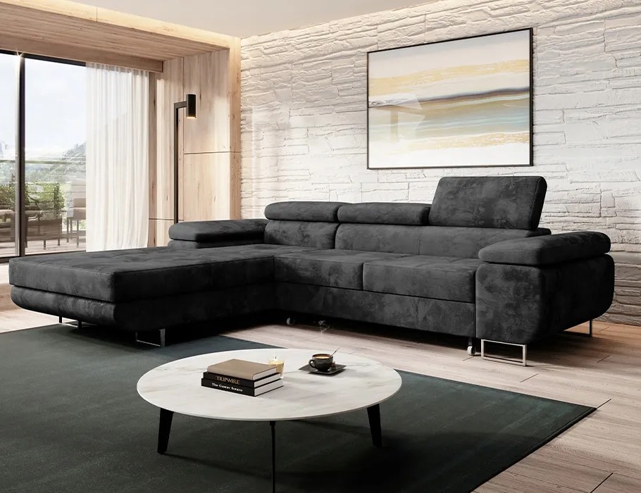 Grafitová rohová sedačka s funkciou spania Norberg vľavo s úložným priestorom na posteľnú bielizeň.