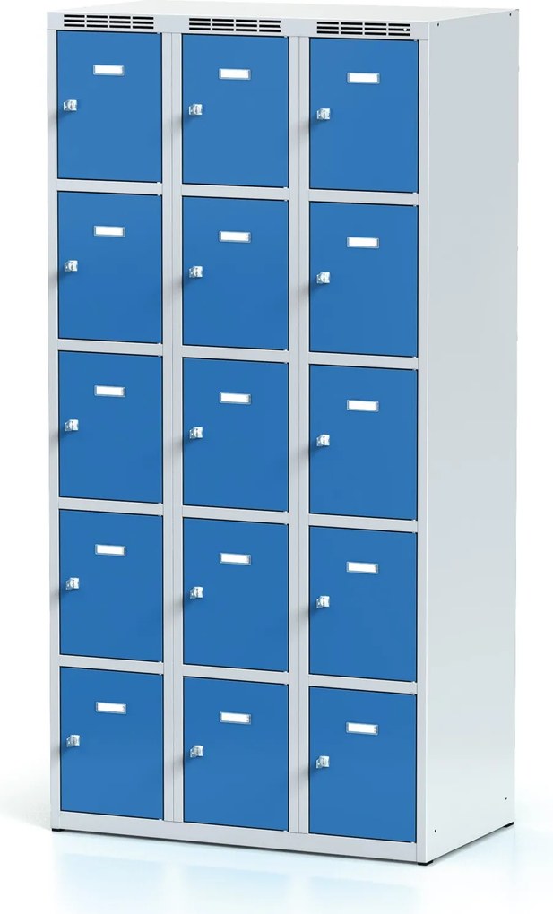 Alfa 3 Šatníková skrinka S6 s úložnými boxami, 15 boxov, 1800 x 900 x 500 mm, cylindrický zámok, modré dvere