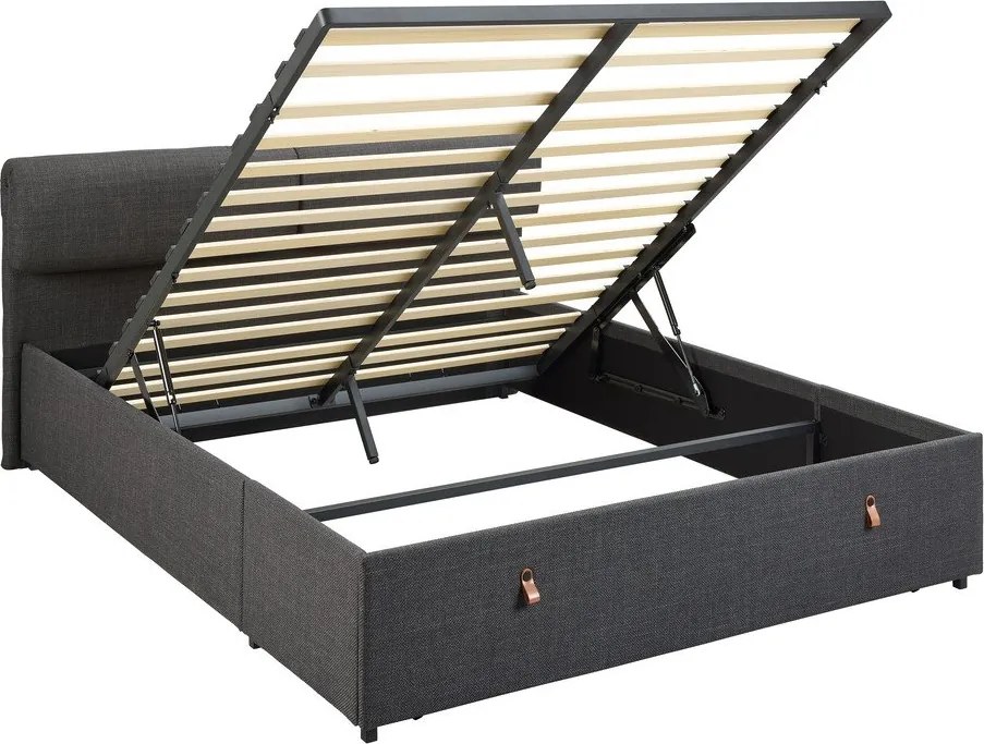 Tmavosivá čalúnená dvojlôžková posteľ s úložným priestorom s roštom 160x200 cm Calvi – Actona