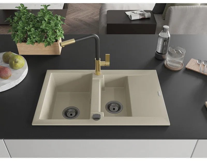Mexen Gaspar, 1,5-komorový granitový drez 737x475x177 mm a drezová batéria Flora, béžová, 6507-69-670401-57-B