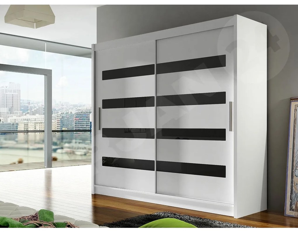 Skriňa London XI, Farby: kašmír /kašmír + čierny lacobel, Osvetlenie: osvetlenie LED RGB - farebné