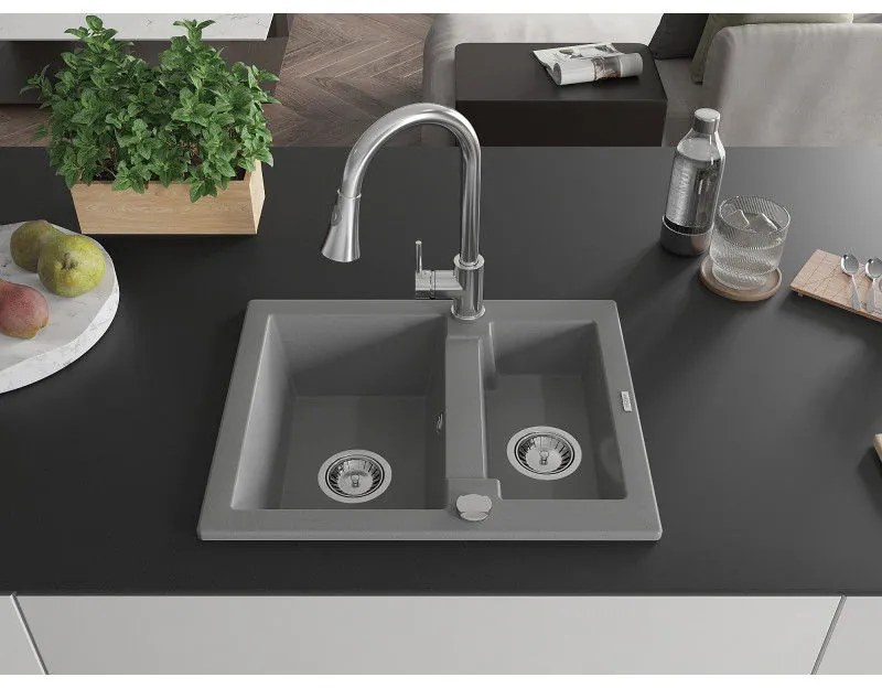 Mexen Carlos, 1,5-komorový granitový drez 582x475x177 mm a drezová batéria Elia, šedá, 6518-71-670101-00