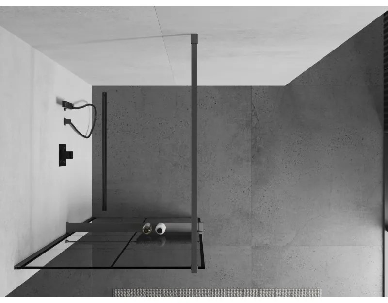 Mexen Kioto+, sprchová zástena Walk-In s poličkou a vešiakom 80 x 200 cm, 8mm číre sklo čierny vzor, grafitový profil, 800-080-121-95-77