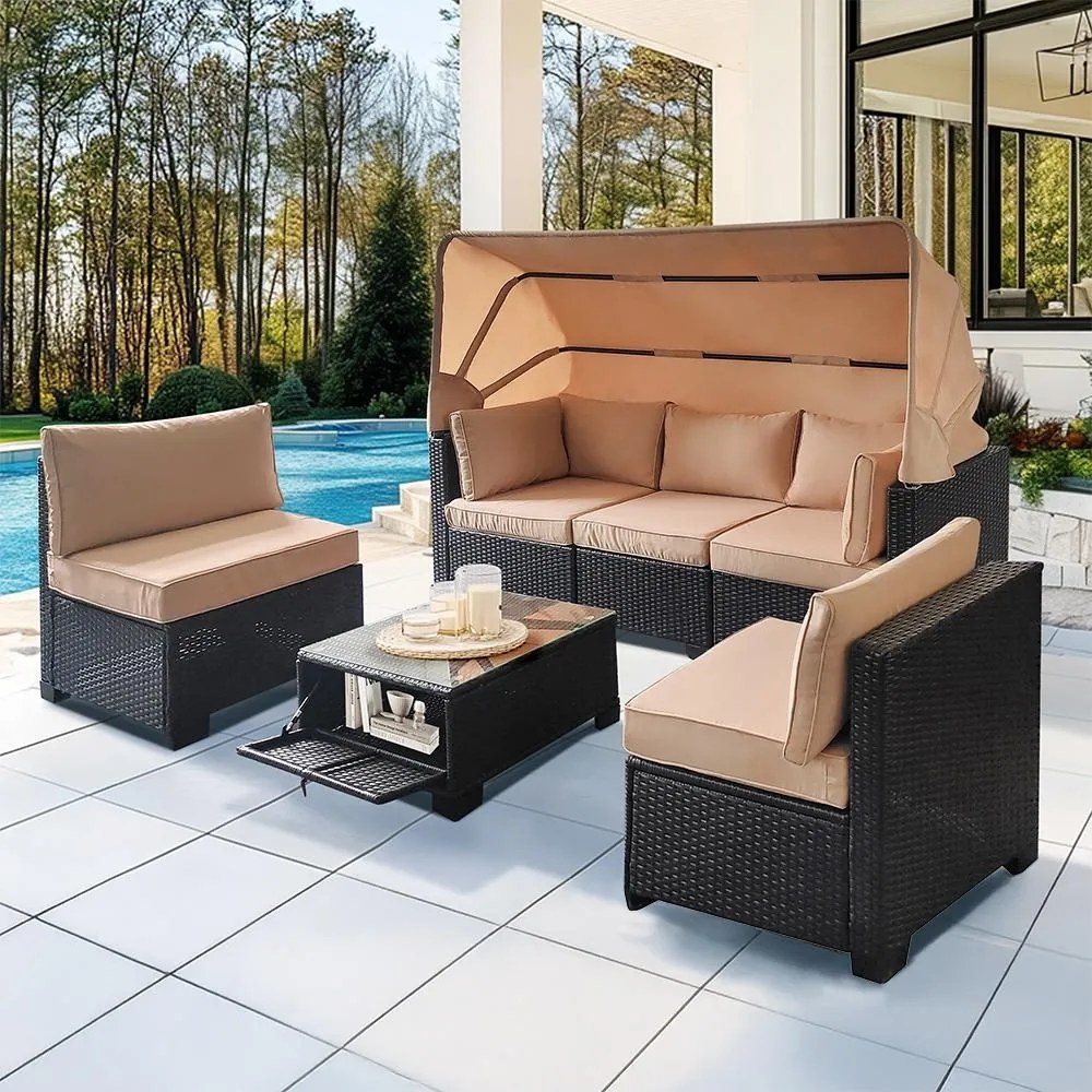 Veľký ratanový záhradný set Avenberg GALIA čierna/modrá + béžové poťahy