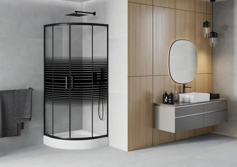 Mexen Rio, štvrťkruhový sprchovací kút s posuvnými dverami 80(dvere) x 80(dvere) x 190 cm, 6mm číre sklo s pásikmi, čierny profil + biela sprchová vanička RIO, 863-080-080-70-20-4710