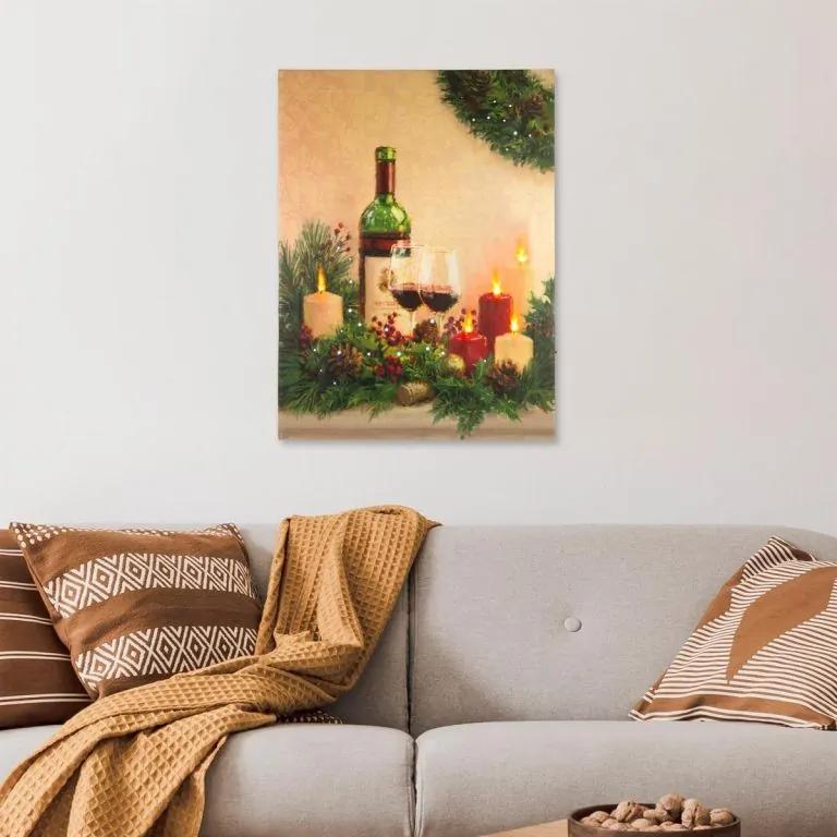 Nástenná maľba sviečky s vínom, 5 LED, 30 x 40 cm