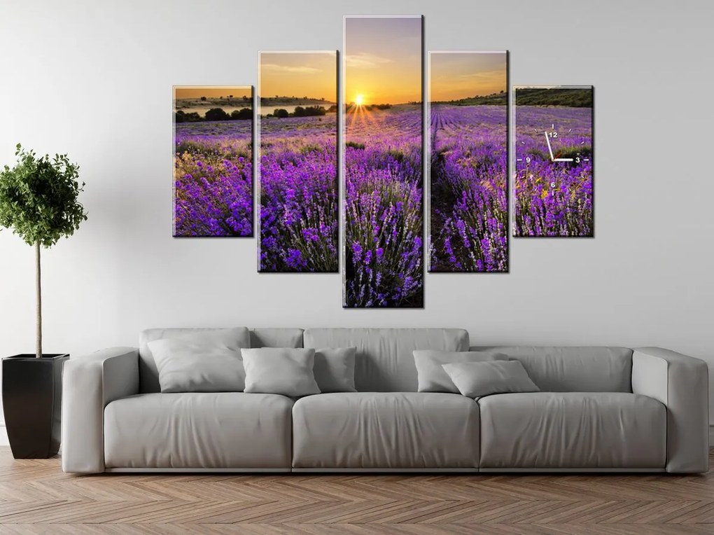 Gario Obraz s hodinami Levanduľové pole - 5 dielny Rozmery: 150 x 105 cm