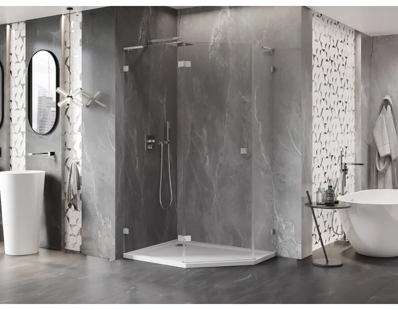 Mexen Lunar, L päťuholníkový sprchový kút naklápací doľava 100 x 90 cm, 8mm číre sklo, oceľový profil, 831L-100L-090P-97-00-L