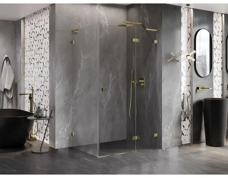 Mexen Lunar, L pravý výklopný sprchový kút 85 x 80 cm, 8mm číre sklo, zlatý profil, 834L-085-080-50-00-P