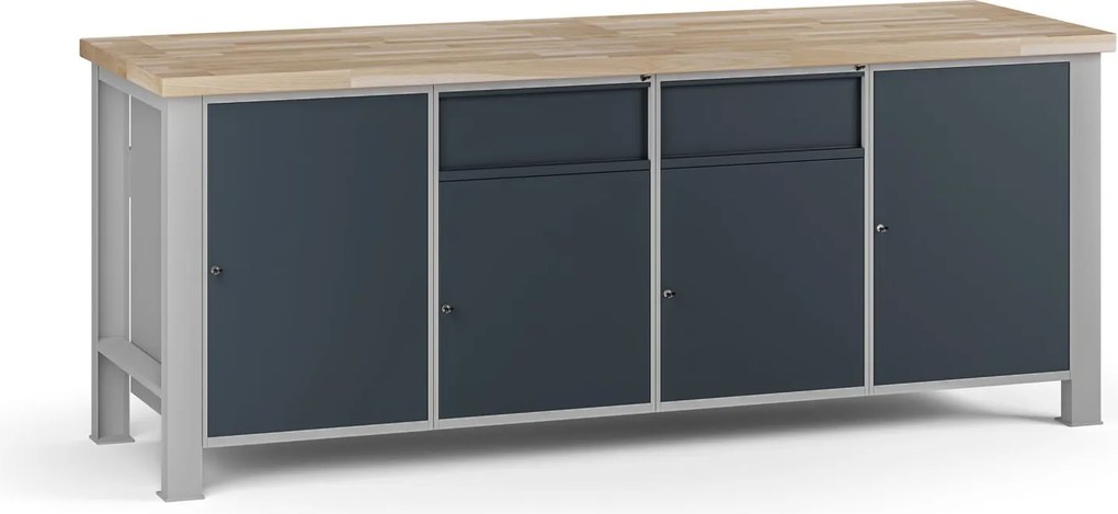 Dielenský pracovný stôl G7, buková škárovka, 2100 x 685 x 840 mm, 4x skrinka, 2 zásuvky, grafit