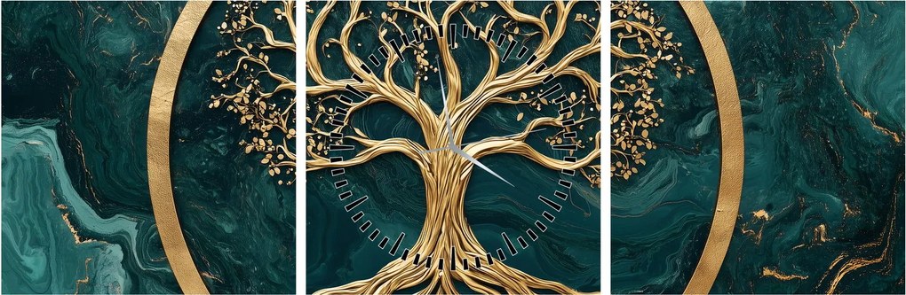 Obraz – Zlatý strom života v mramore (s hodinami) (90x30 cm)