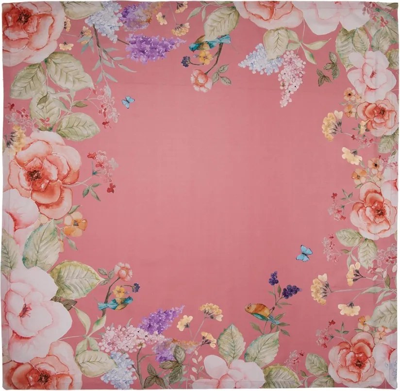 Ružový bavlnený obrus s kvetmi Flower & Fiesta - 100*100 cm