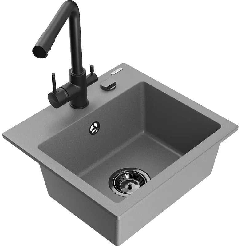 Mexen Milo, granitový drez 435x410x171 mm, 1-komorový a čierna batéria Duero, šedá, 6505-71-671600-70-B