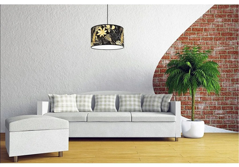 Závesné svietidlo Gold Flowers, 1x čierne textilné tienidlo s kvetinovým vzorom, (fi 35cm)