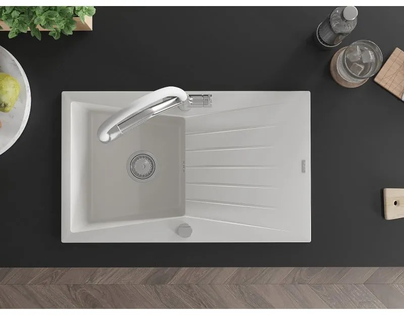 Mexen Cesar, 1-komorový granitový drez 775x470x190 mm a drezová batéria Duo, biela, 6514-20-671701-02