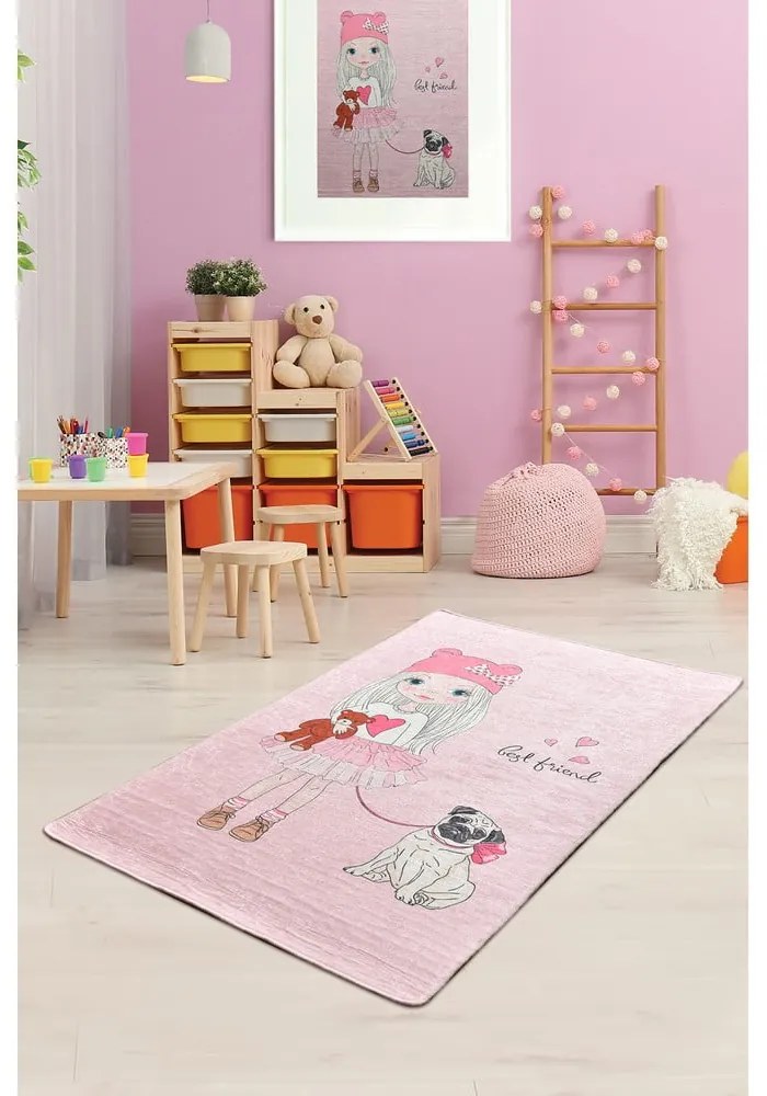 Ružový detský protišmykový koberec Chilam Best Friend, 100 x 160 cm