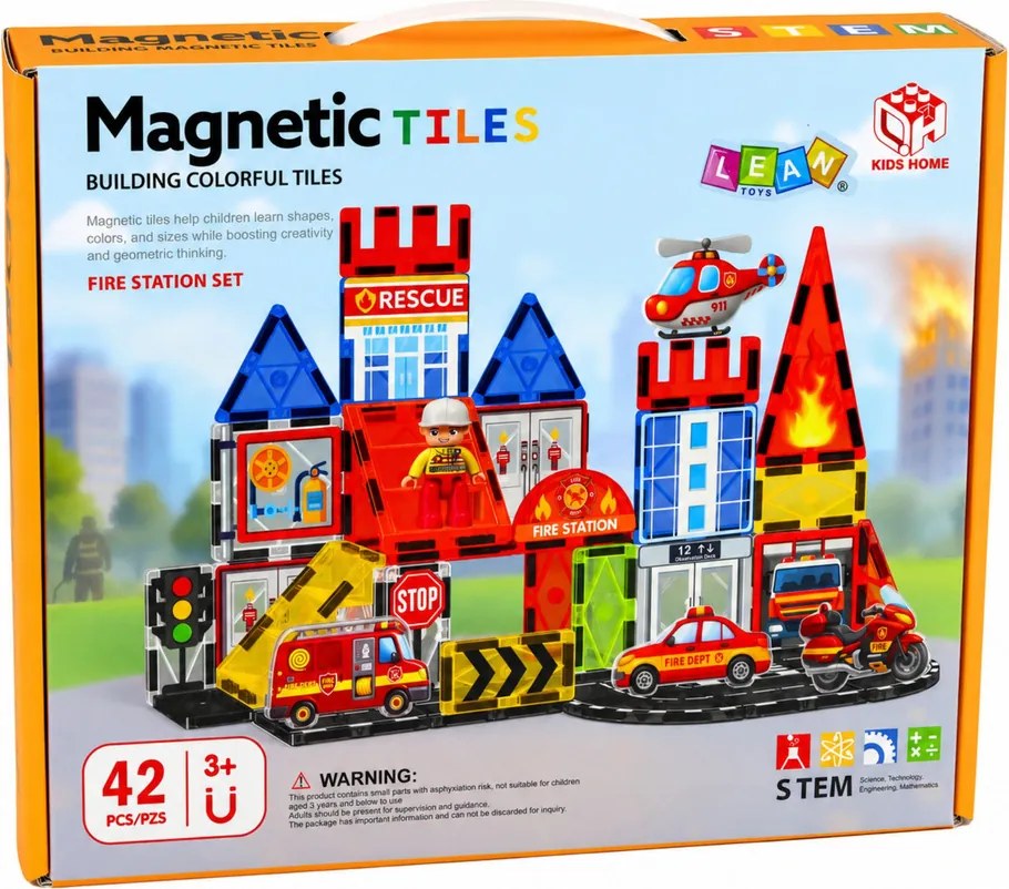 LEAN Toys Magnetické stavebné kocky – Požiarna stanica, 42 dielov