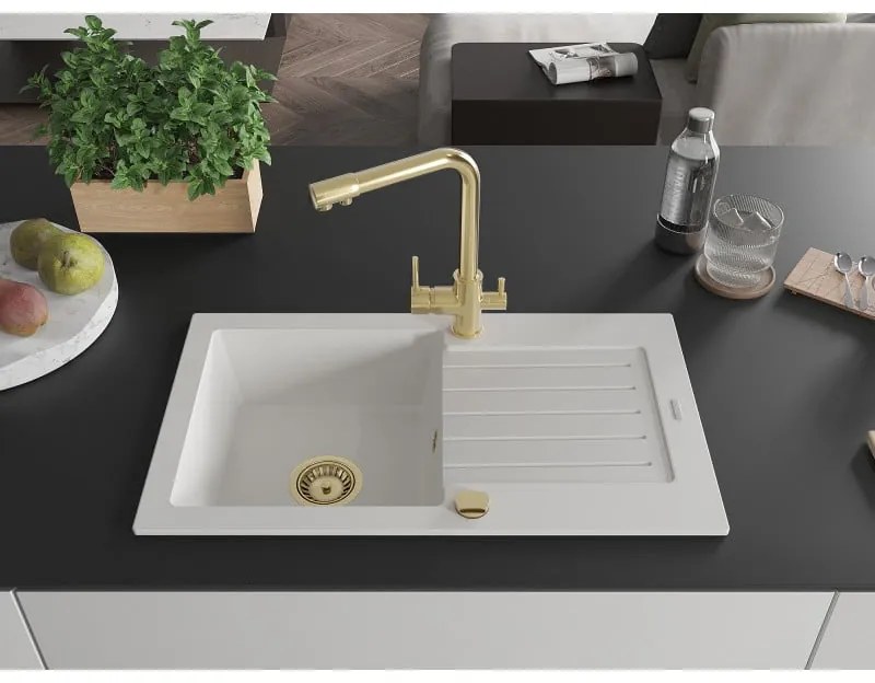 Mexen Pablo, granitový drez 752x436x161 mm, 1-komorový a zlatá batéria Duero, biela, 6510-20-671600-50