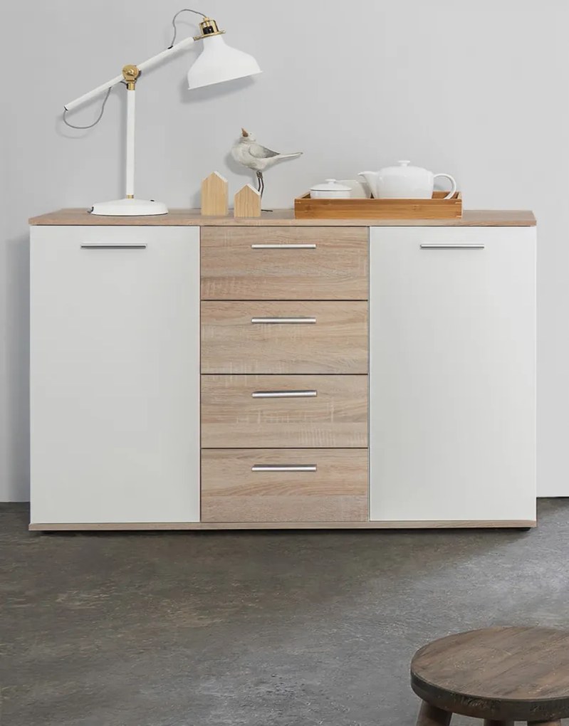 Komoda so 4 zásuvkami Jacky, dub sonoma/biela