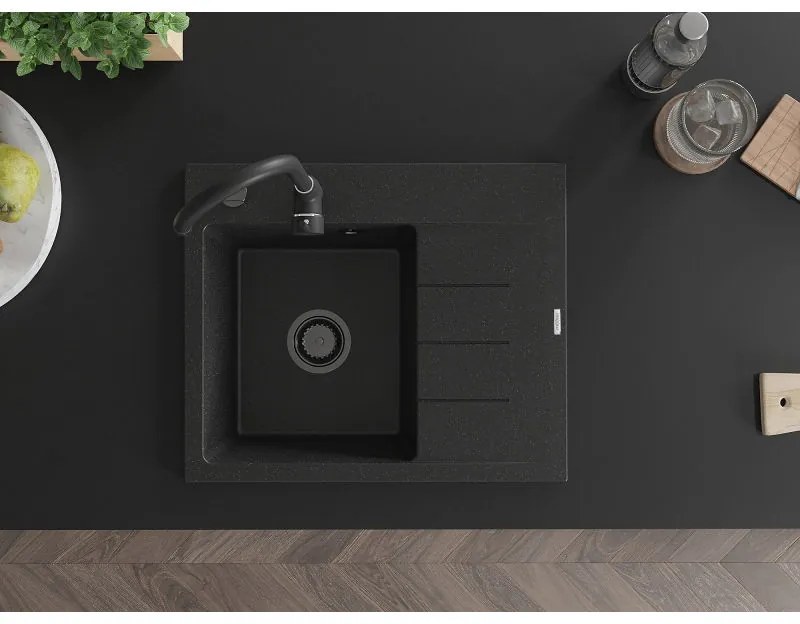 Mexen Ben, 1-komorový granitový drez 600x500x190 mm, ľavý + čierny sifón, čierna-strieborná metalíza, 6522605000-73-B