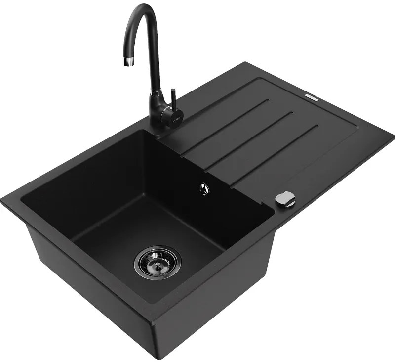 Mexen Bruno, 1-komorový granitový drez s odkvapkávačom 795x495x200 mm a čierna kuchynská batéria Telma, čierna, 6513-77-670200-70-B
