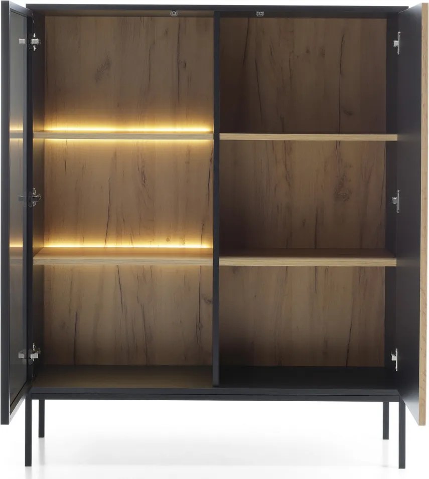 Skrinka s vitrínou Sento, čierna/dub wotan, s osvetlením