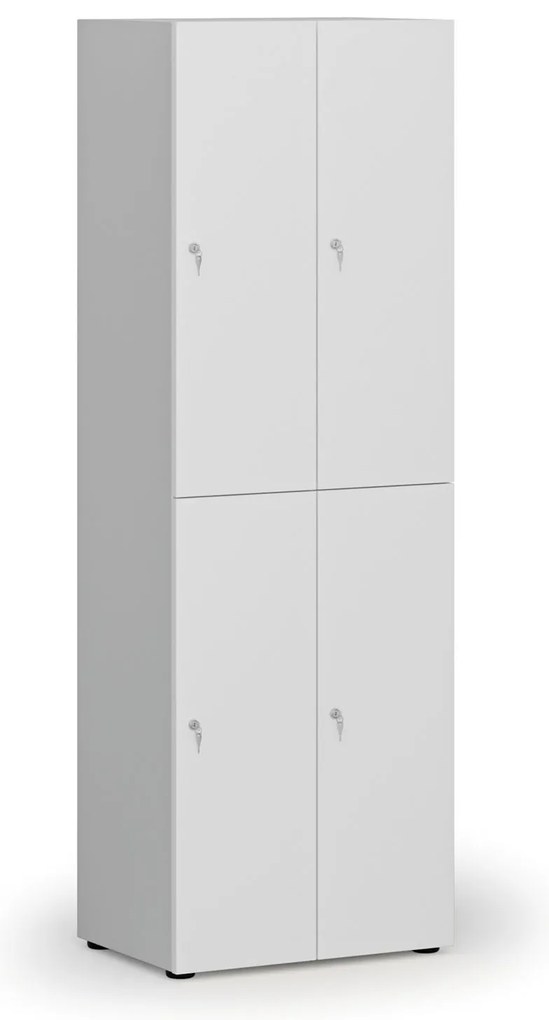 Drevená šatníková skrinka S4 s úložnými boxmi, 4 boxy, demont, cylindrický zámok, sivá/biela