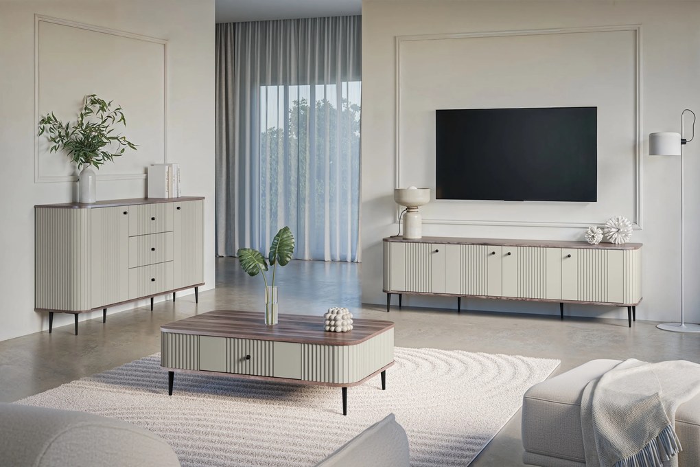 TV stolík Vespera 4D 187 cm - kašmírová / orech / čierne nožičky