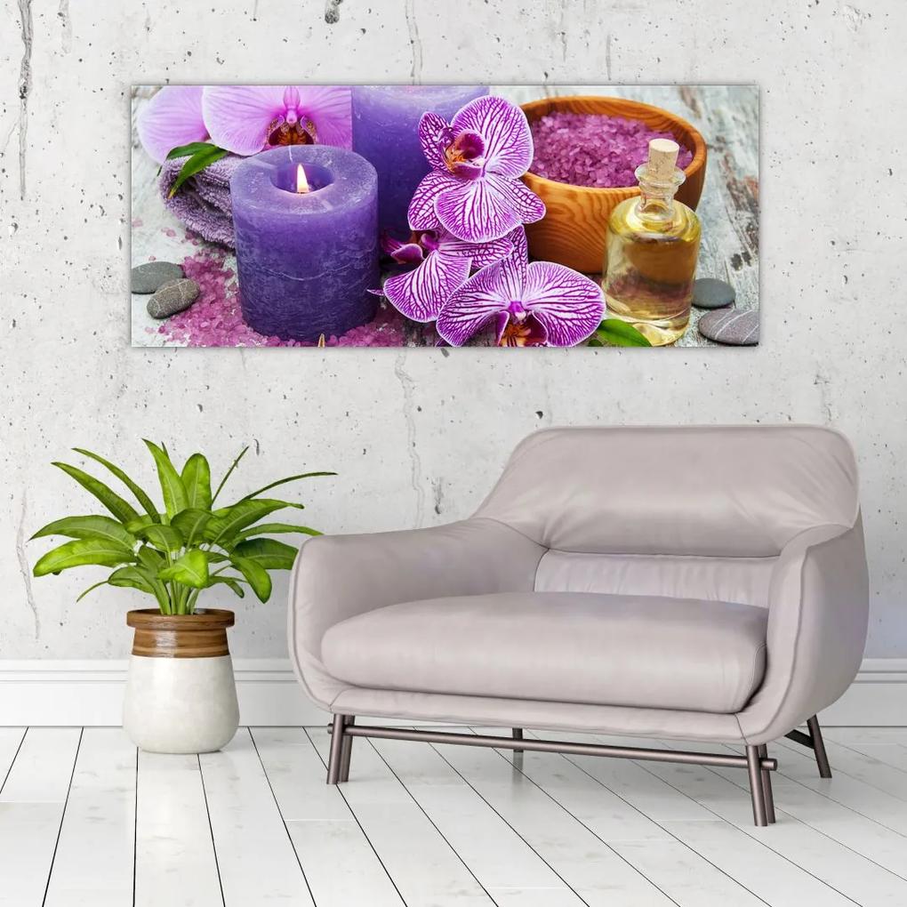 Obraz orchideí a sviečok (120x50 cm)