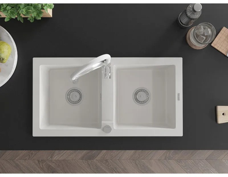 Mexen Mario, granitový drez 820x436x161 mm, 2-komorový a drezová batéria Aster, biela, 6504-20-73450-02