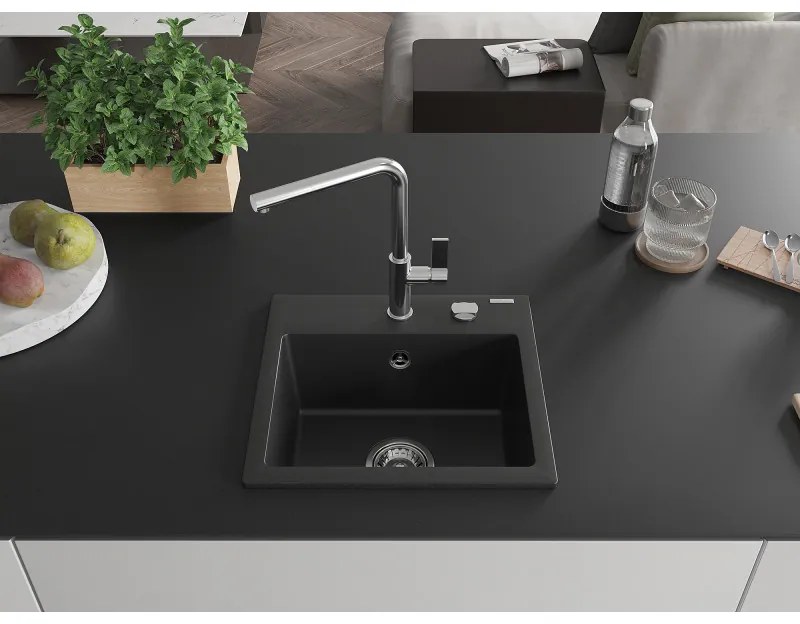 Mexen Milo, 1-komorový granitový drez 435x410x171 mm a drezová batéria Flora, čierna, 6505-77-670401-00