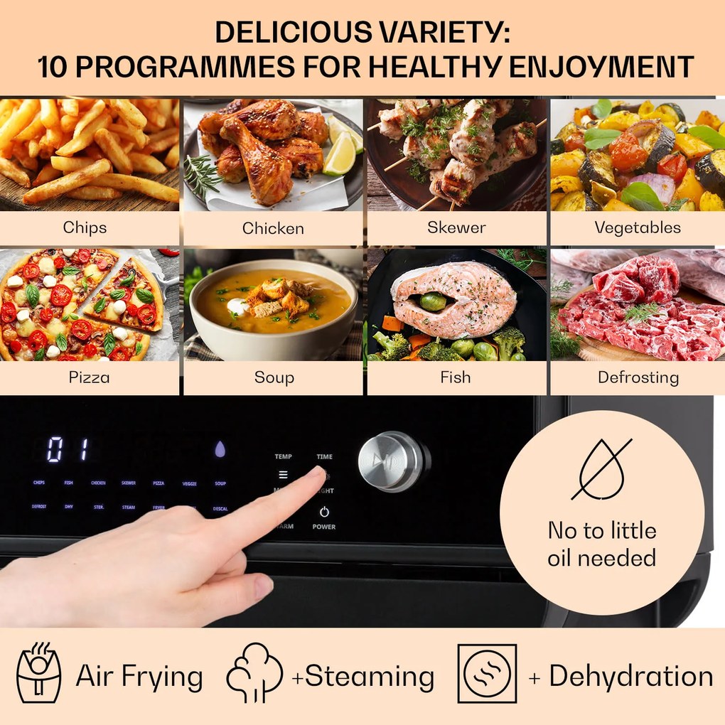 Klarstein Vita Pro, teplovzdušná fritéza s varením v pare, 2450 W, 18 l, 14 programov, 800 ml nádrž na vodu