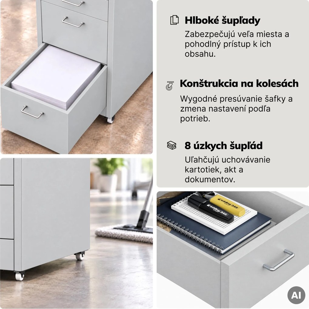 Kartotéková skrinka na kolieskach, kovová, 8 zásuviek, na dokumenty, sivá, 300x1100x600 mm: SARA V8