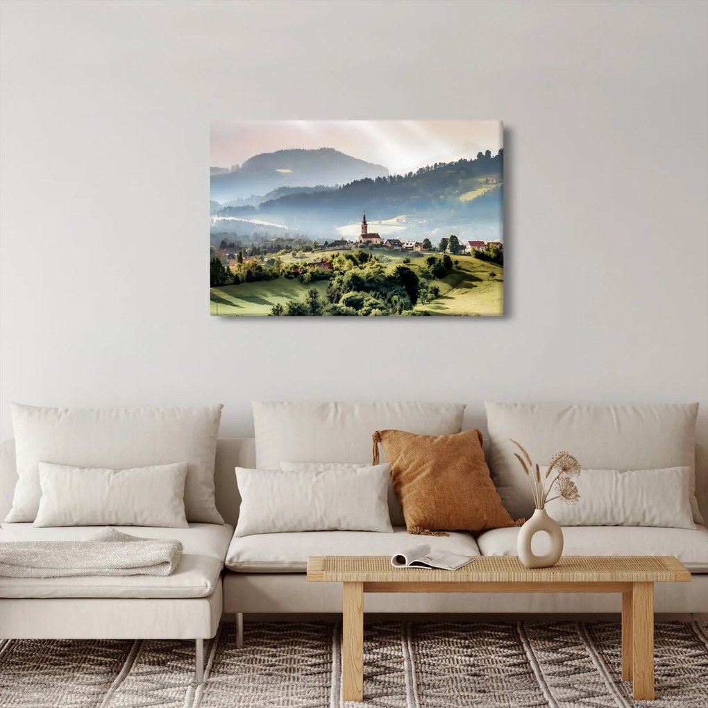 Obraz - dedinka v hmle (90x60 cm)