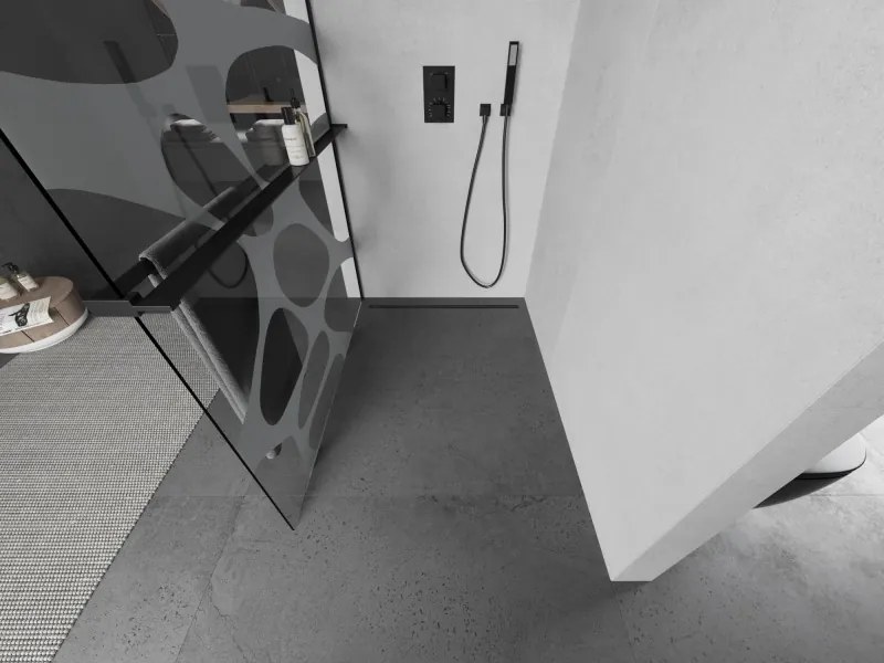 Mexen Kioto+ L, sprchová zástena Walk-In s poličkou a vešiakom 80 x 200 cm, 8mm číre sklo biely vzor, čierny profil, 800-080-123-70-97