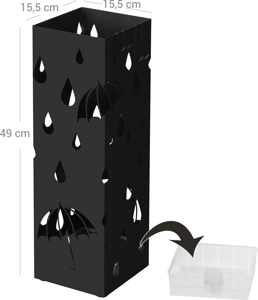 Kovový držiak na dáždniky, štvorcový s háčikmi a odkvapkávačom, čierny