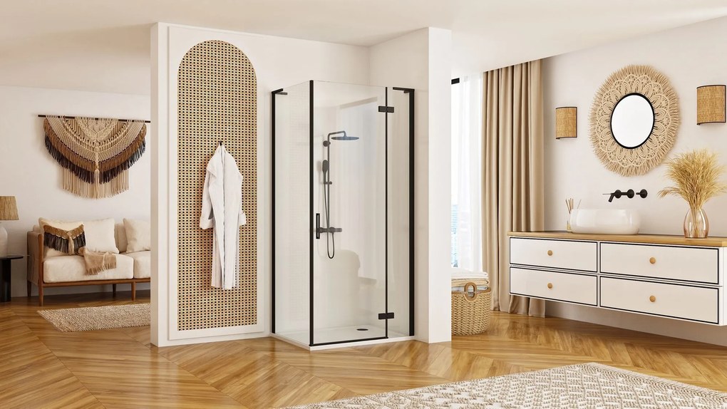 Sprchovací kút REA HUGO BLACK 80/dvere x 90/zástena cm, čierny/transparent - bez vaničky