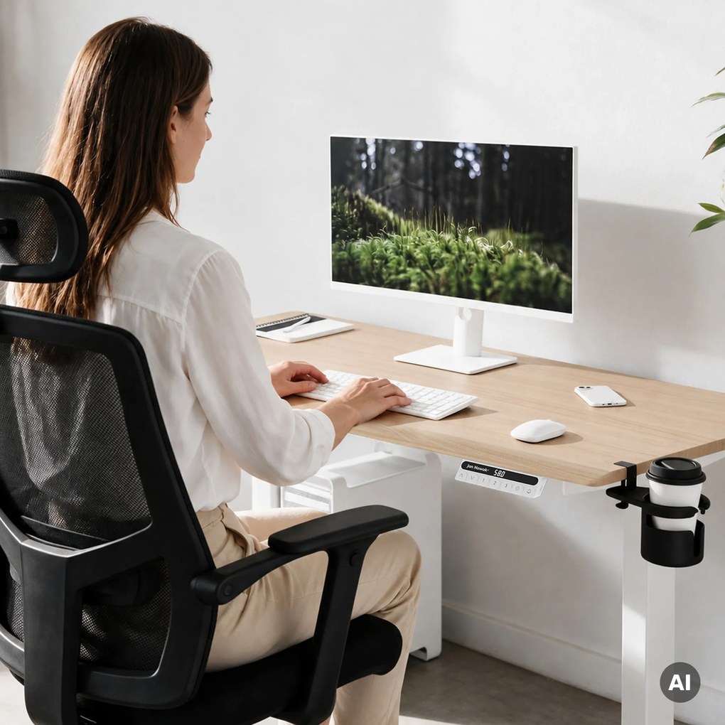 Elektrický stôl s nastaviteľnou výškou ergonomický biely/dub sonoma,1400x700 mm: ARIA