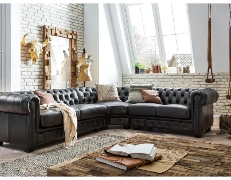 furniture-nabytek.cz - Rohová sedacia súprava Chesterfield z pravej kože, hnedá – 294×263×74 cm