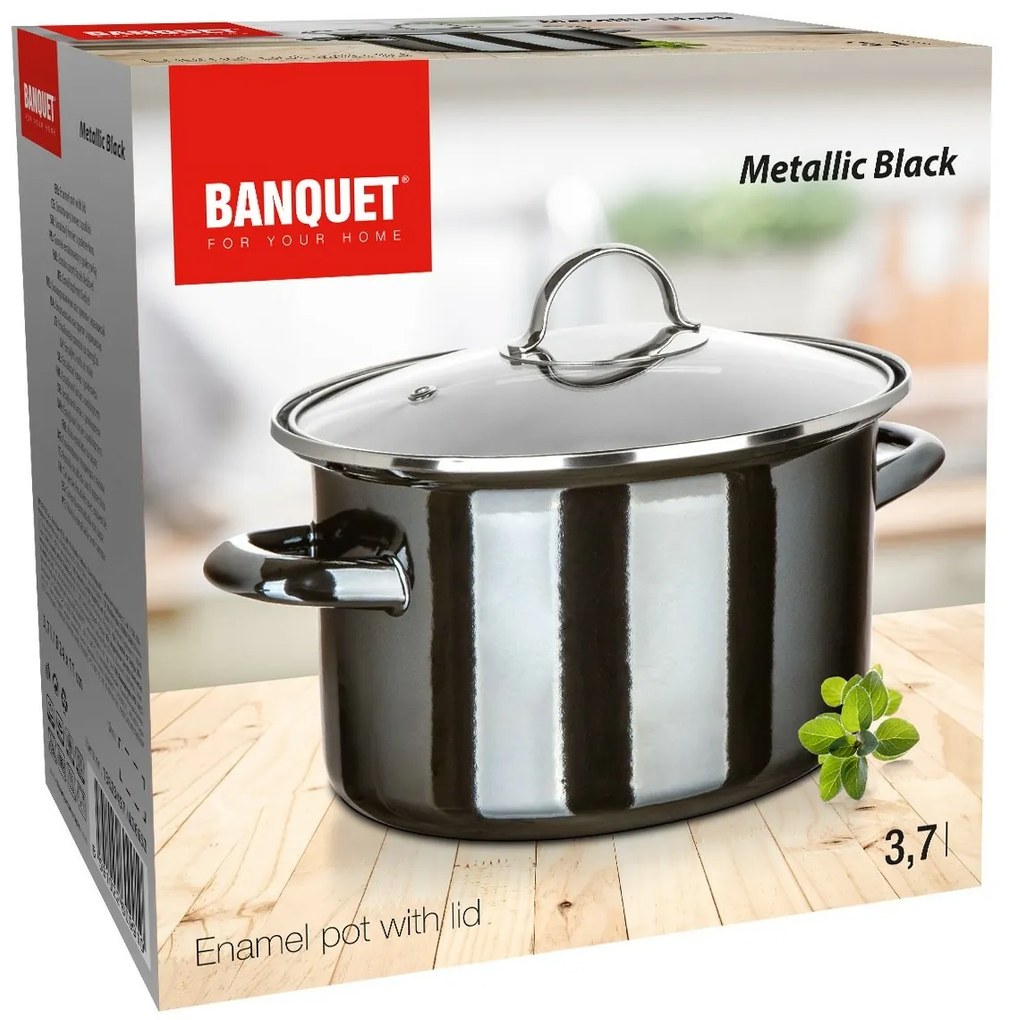 Banquet Hrniec smaltovaný METALLIC Black 24 cm, 3,7 l, s pokrievkou, 24 cm