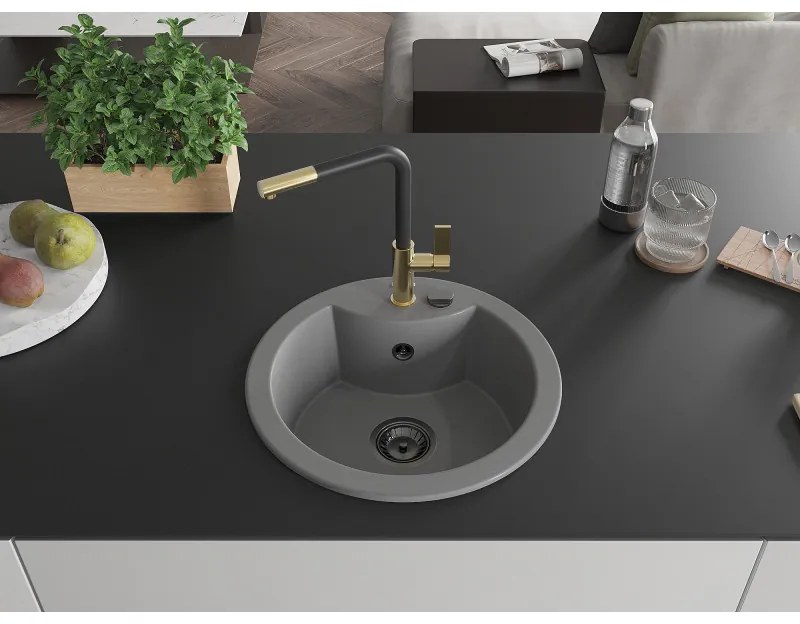 Mexen Diego, 1-komorový granitový drez 488x488x167 mm a drezová batéria Flora, šedá, 6512-71-670401-57-B