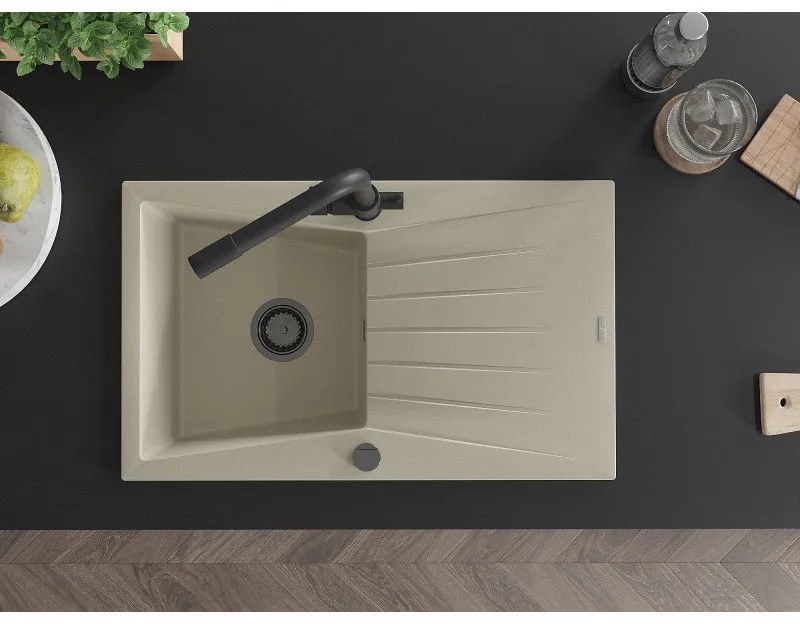 Mexen Cesar, granitový drez 775x470x190 mm, 1-komorový a čierna batéria Duero, béžová, 6514-69-671600-70