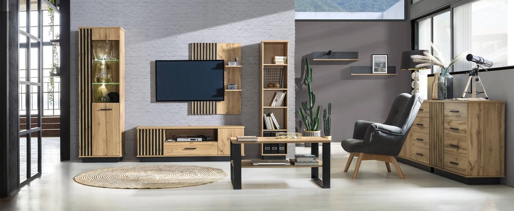 Vitrína typ LA3 Laticia (matna čierna + dub wotan). Akcia -19%. Vlastná spoľahlivá doprava až k Vám domov. 1040629