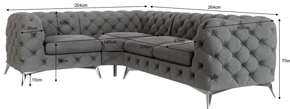 Sivá zamatová rohová pohovka (ľavý roh/do L) Chelsea – Ropez