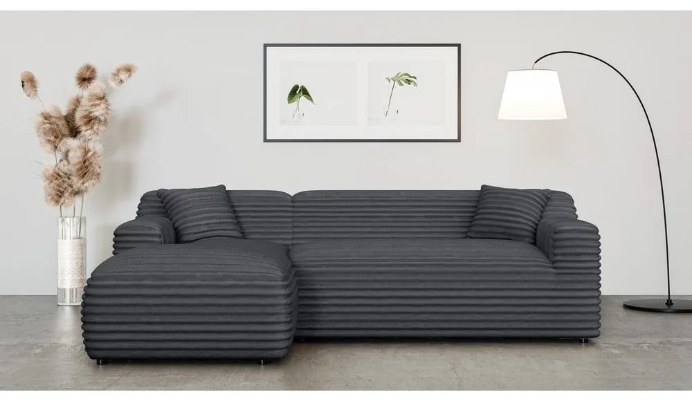 Tmavosivá menčestrová rohová pohovka (ľavý roh/s leňoškou) Martin – Ropez