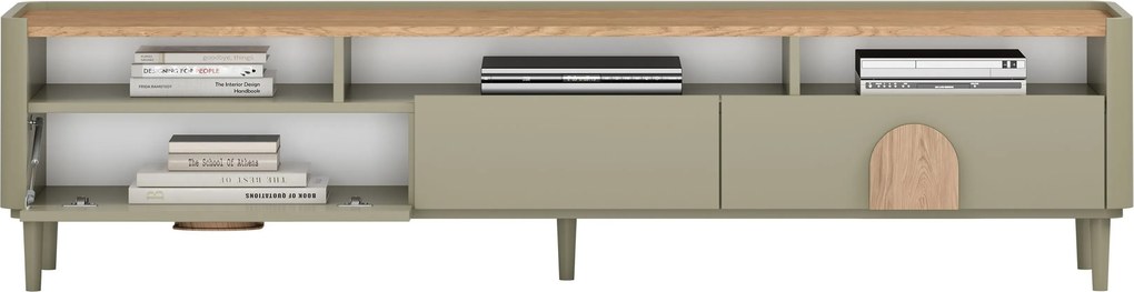 TV skrinka Amilio 200 cm na nožičkách - eukalyptus / dub baltic dune / úchytky dub prírodný