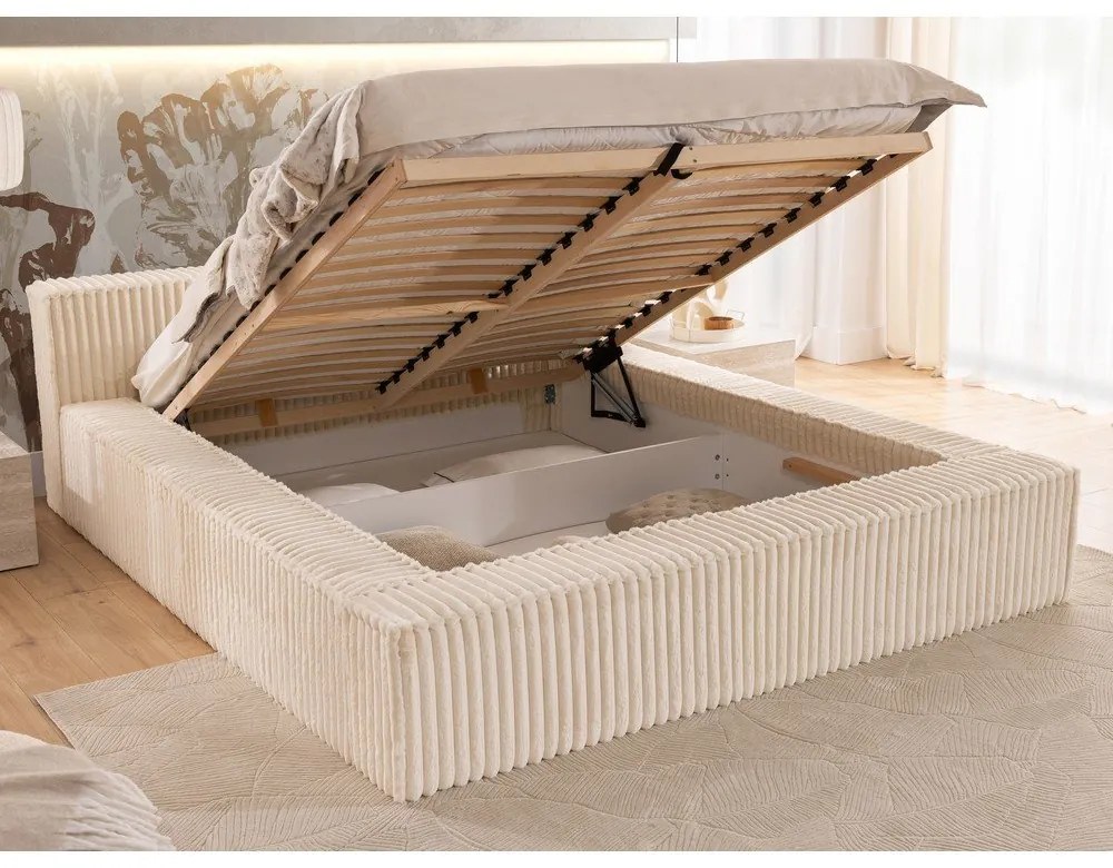 Béžová čalúnená dvojlôžková posteľ s úložným priestorom s roštom 180x200 cm Cloe – Ropez