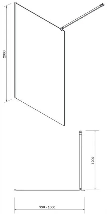 Cersanit Mille, sprchová zástena typu Walk-In 100x200 cm, 8mm číre sklo, čierny profil, S161-003